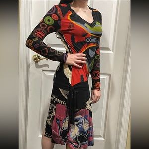 Desigual 100%Cot Knit Jersey Printed w/Emb Dress Vintage V-Nk MIDI |India |Sz M